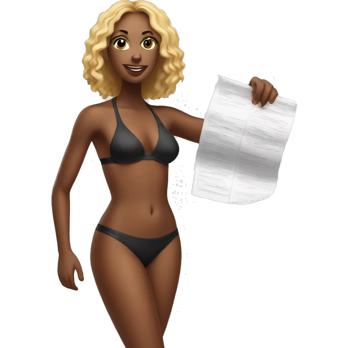 african american woman in bikini holding a paper emoji
