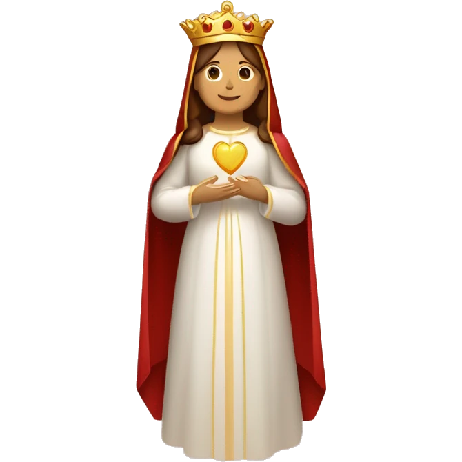 virgen maria con corona dorada, cabello marrón, túnica blanca y corazón rojo emoji