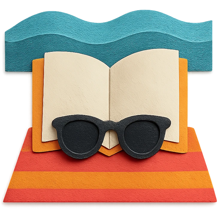 open book on a beach towel, with sunglasses and ocean waves in the background, paper-craft style emoji