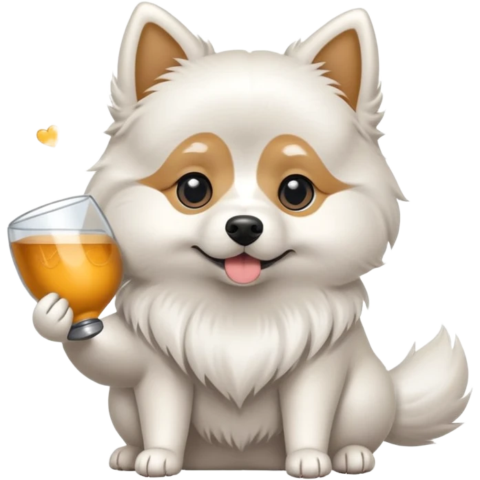 um cachorro spitz branco sentado com uma maquinha em cima da cabeça com um lacinha na orelha emoji