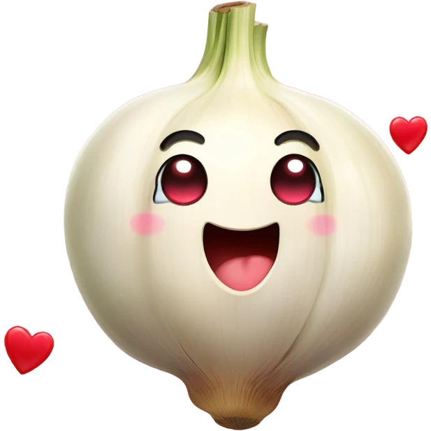 n emoji of a cute garlic clove and a smiling onion looking at each other with love. They have big, adorable eyes and rosy cheeks. Small red hearts float around them, and they appear to be blushing, creating a romantic and funny atmosphere. emoji