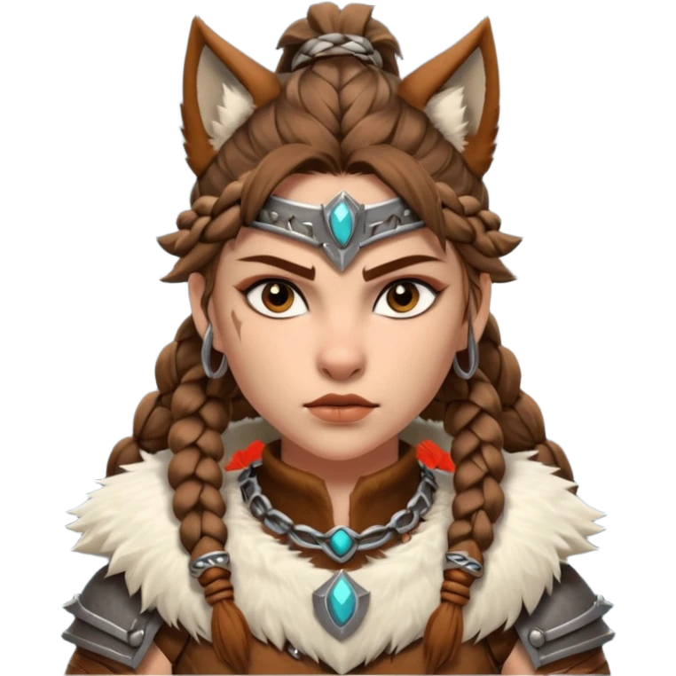 barbarian woman wolf rider portrait, head and shoulders only, fierce female warrior, fur-lined barbarian armor collar, wolf fur details, wild braided hair, intense eyes, tribal warrior vibe, fantasy style, 3D cartoon, mobile game icon style, clean background, no text, no watermark
 emoji