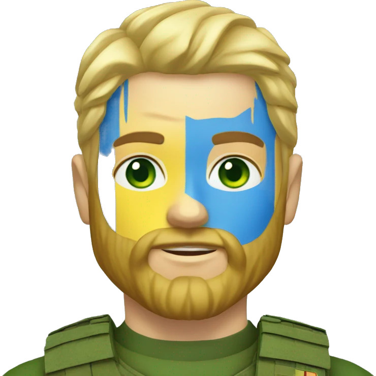 ukrainian military blonde man with a beard with green eyes with blue viking paint on the face  emoji