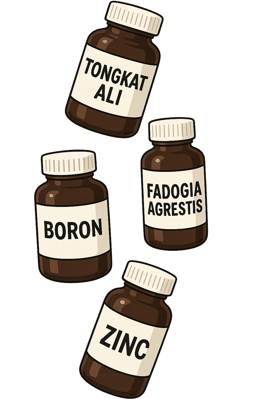 4 boccette di integratore: Tongkat Ali, Fadogia Agrestis, Boron e Zinco fluttuano in aria verticalmente emoji