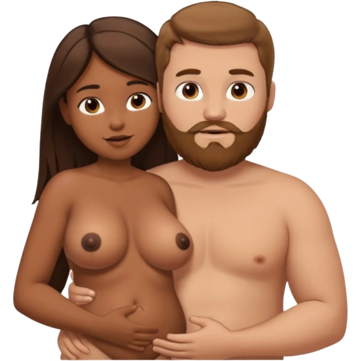 chubby white guy with brown hair and beard, holding a brown girl with long dark hair in arms, naked, showing tits and pussy emoji