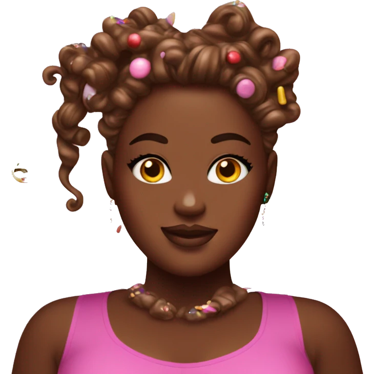 Plus size girl with hair made of chocolate drippings, with sprinkles on top , candy themed outfit emoji