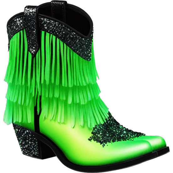 Realistic neon green to black ombre pair of fashion cowgirl boots with sparkly shiny glitter fringe on them. emoji