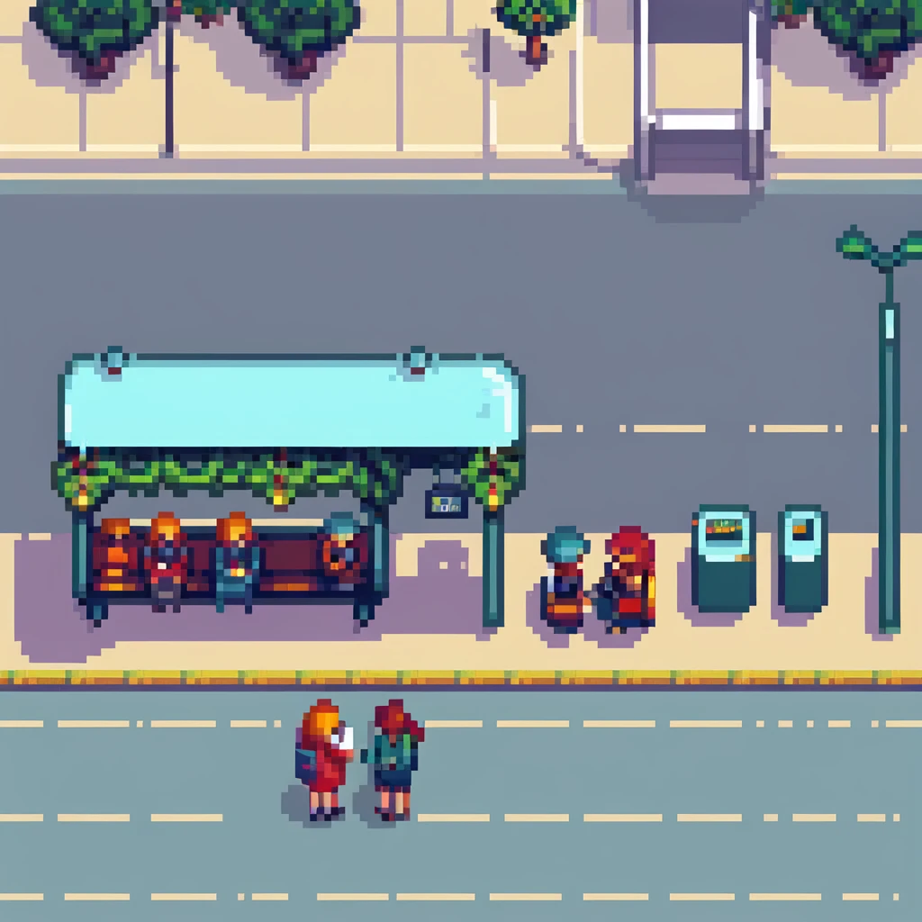 pixel art city bus stop with passengers waiting, bus arriving emoji