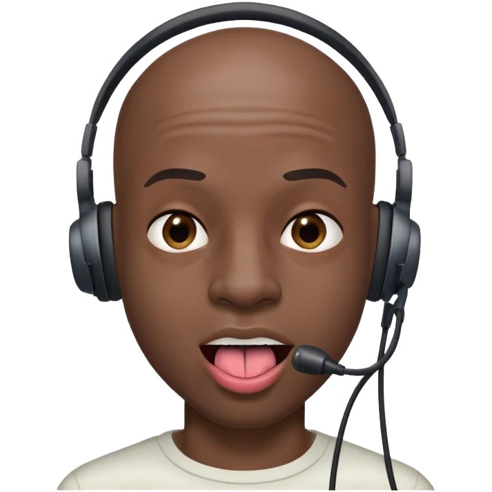 Black guy with bald spots with almost no hair with his tongue out with a big headset dent emoji