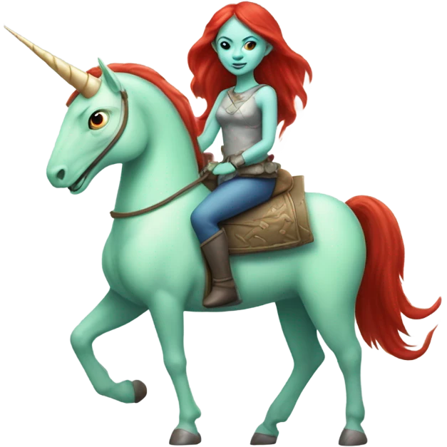 [politically incorrect
	{ woman: alien, color: light green, hair:red, eyes:cat} ]
	on a 
	[{ unicorn: white, legged:four, mane: light blue }] emoji