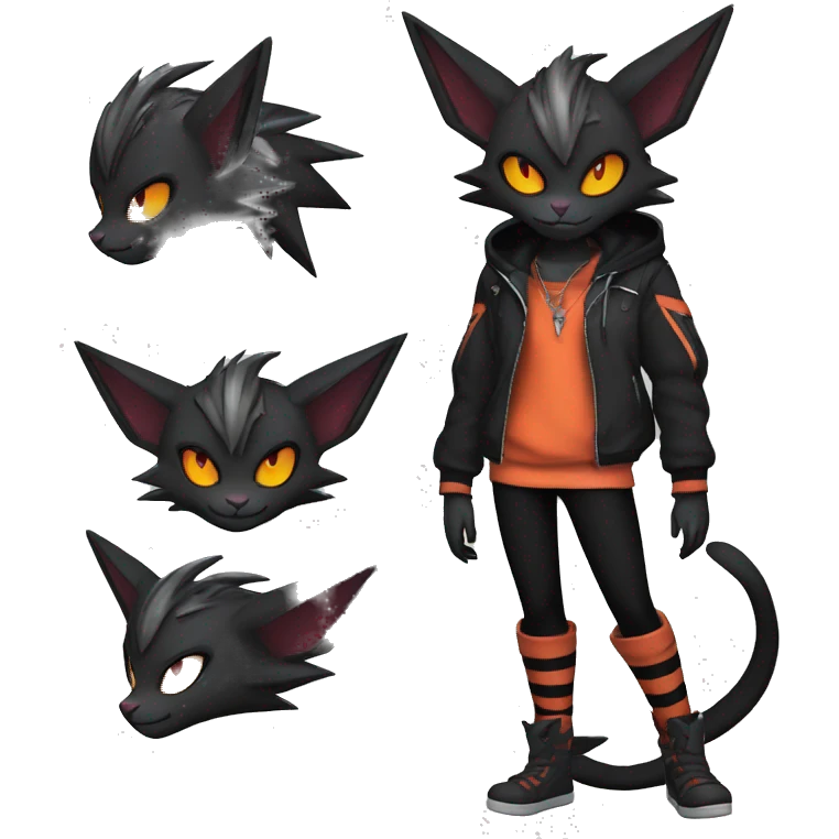 Cool Anthro Black Noivern-Quiana-Litten-Pokémon with edgy stripes hoodie spiked collar punk Full Body emoji