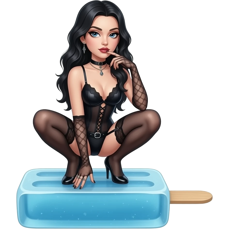 Sexy gothic woman in gothic lingerie squatting on a large ice lolly emoji
