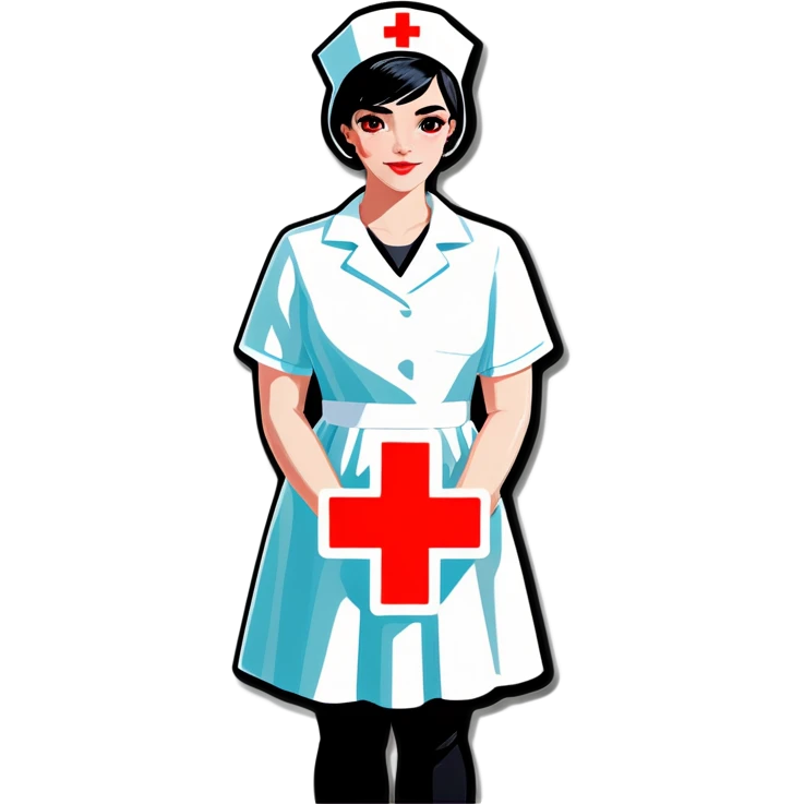 pixie cut black straight hair female nurse with red cross sign hat wearing dress
pale skin color black eyes emoji