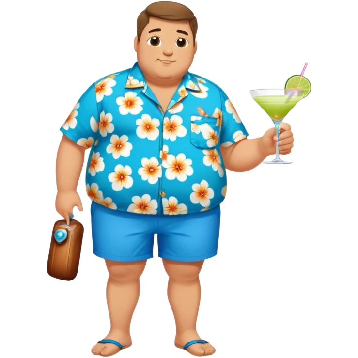 chubby guy full figure in a flowered azure havai shirt, brown shorts and flippers holding a cocktail emoji