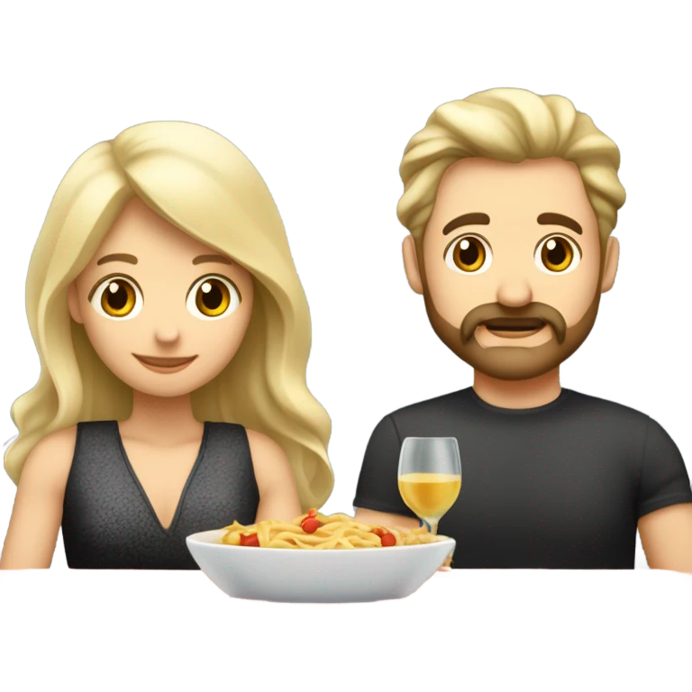 Repas en amoureux blancs femme blonde cheveux mi-longs homme petite barbe et moustache grisonnant  emoji