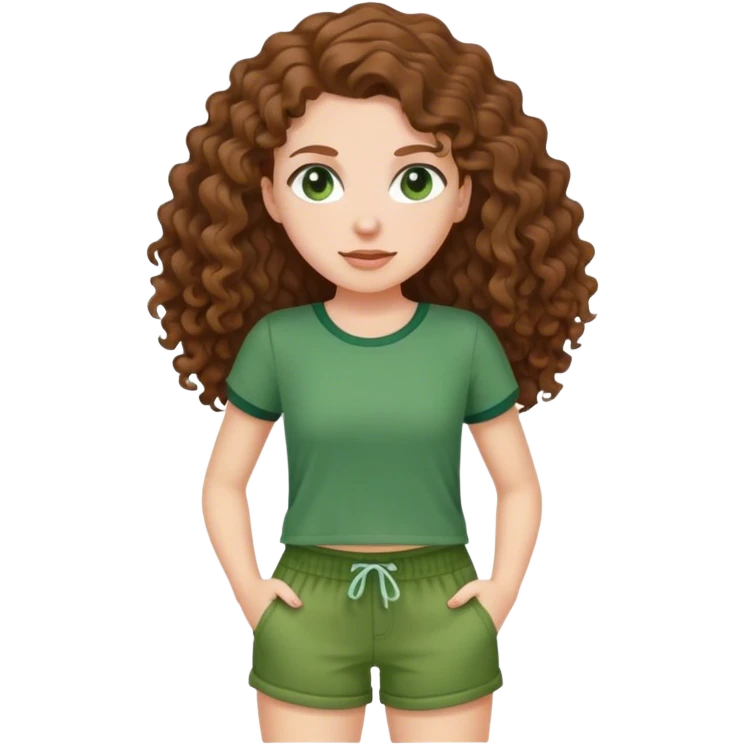 white girl with long brown curly hair in green top and shorts holding back emoji