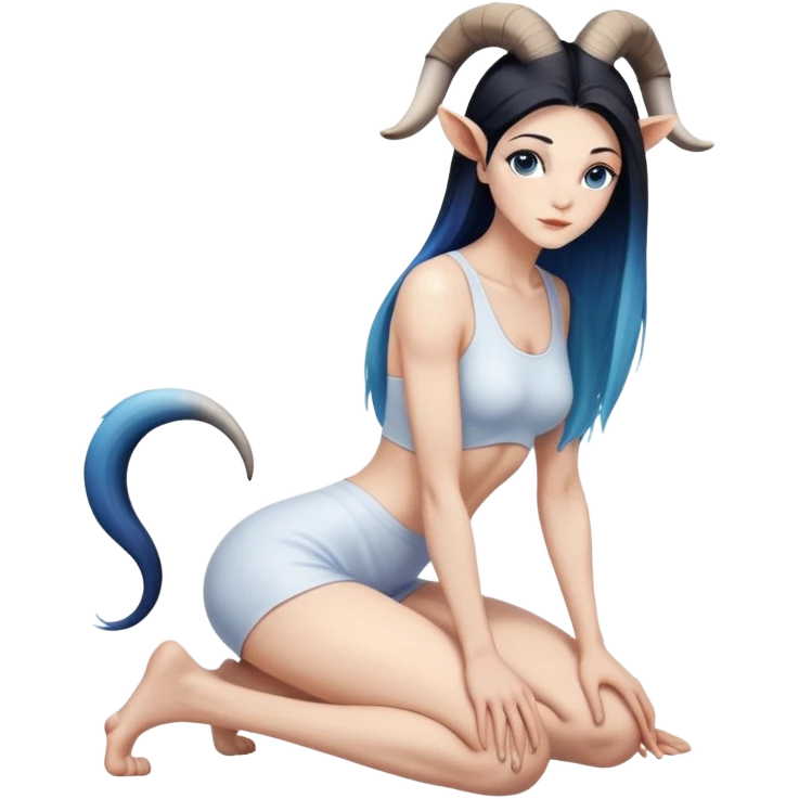 Art of a human white woman's very perfect body scheme anatomy-very long straight black to blue hair ombre-small goat horns-lean back-on knees emoji