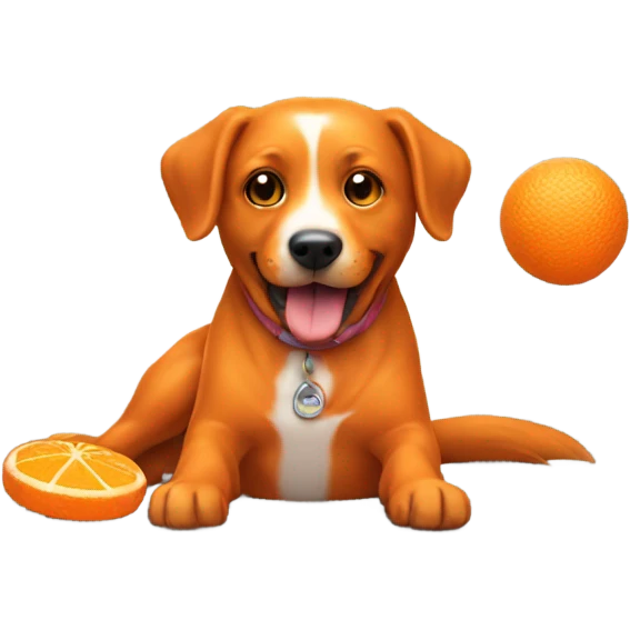 A orange dog playing with dog toy emoji