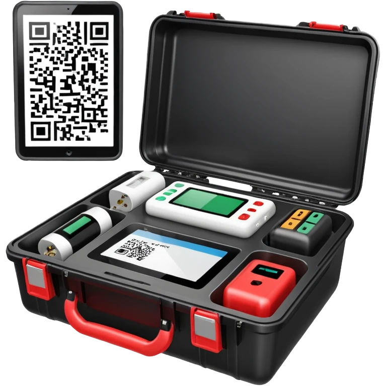An open black hard-shell test case. inside: technical control handy, a power outlet, USB port, and colored test sockets. A large roll of white test labels with qrcode lies next to the equipment, along with one red test probe. emoji