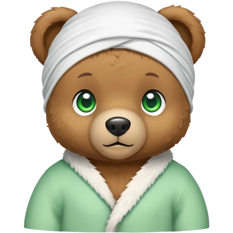 Cute brown teddy bear with innocent green eyes wearing a white wave durag perfectly tied, iOS emoji style emoji