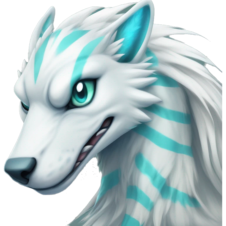 White elegant beautiful natural cute badass epic anthro modern albino sergal-vernid-Fakémon with cyan mane, with cyan edgy stripes, anthropomorphic, two-legged, digitigrade, full body emoji