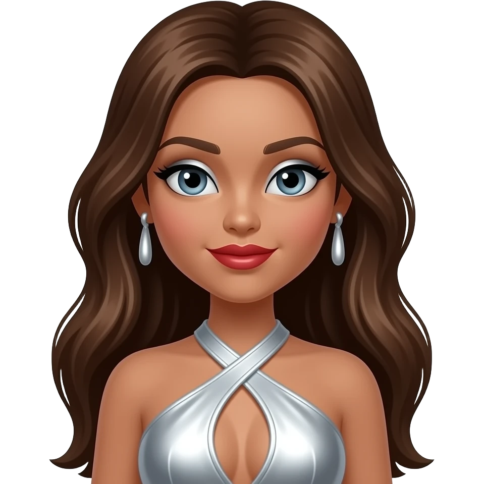 Nevra from Bratz with olive skin, bluish-grey eyes, long brown hair, silver eyeshadow, red lipstick, silver metallic halter dress, silver earrings emoji