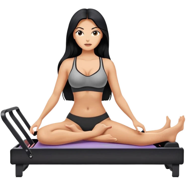woman with bra, tanned long black hair, doing Pilates reformer  emoji