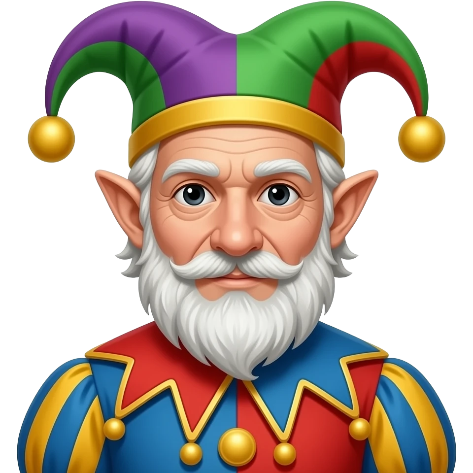 white male, elf ears, big nose, old, messy white hair, black eyes, dressed as a court jester emoji