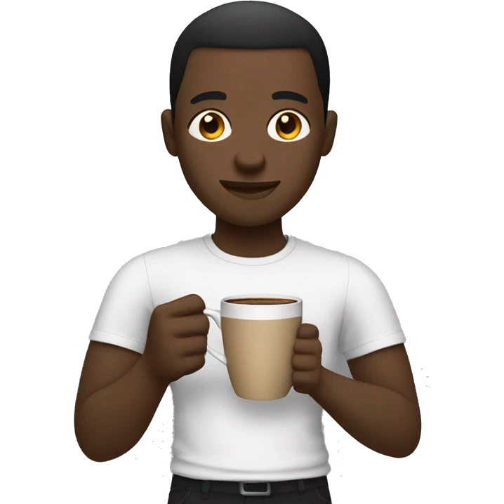 Black man with short hair wearing a black shirt holding a cup of coffee emoji