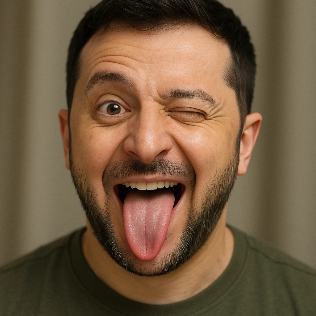Vladimir Zelensky, photorealistic, emoji style, making a playful silly face emoji