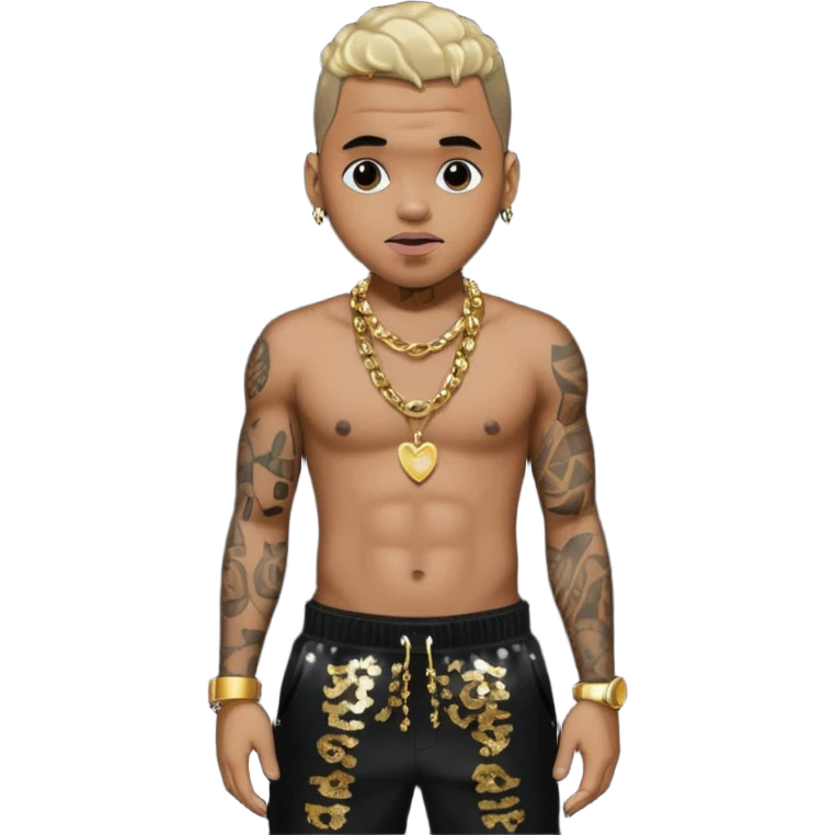 Chris Brown with black sequin baggy pants, shirtless with necklace emoji