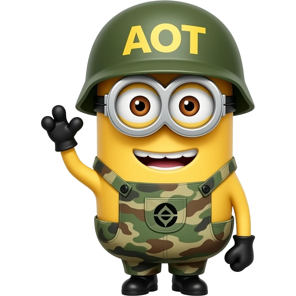 Minion in army uniform waving text aOT on helmet emoji
