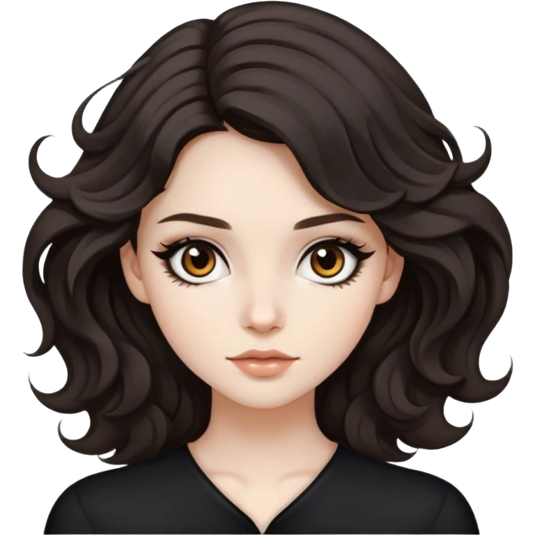 Beautiful girl,Black/dark brown hair, blown out wavy hair, medium/long hair, brown eyes, pale, winged eyeliner emoji