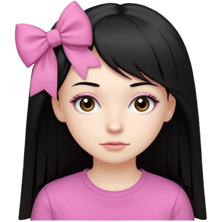 девушка с бледной кожей у неё длиные прямые черные волосы и челка прямая длинная ниже бровей глаза коричневого цвета худая у неё длиные ресницы одета в розовую футболку и на влосах слева бантих emoji