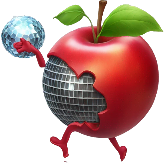 dancing red apple with a disco ball emoji