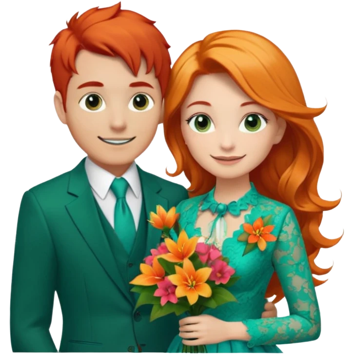  The man, with red hair, wears a dark green suit with a green tie and an orange boutonnière. The woman, with blonde hair, wears a turquoise ballgown with lace details and holds a colorful tropical bouquet. They smile at each other.  emoji