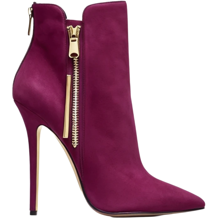 Hyper Realistic, Michael Kors dark raspberry color suede, both pairs of stiletto ankle bootie boots, detailed metallic shiny zipper emoji