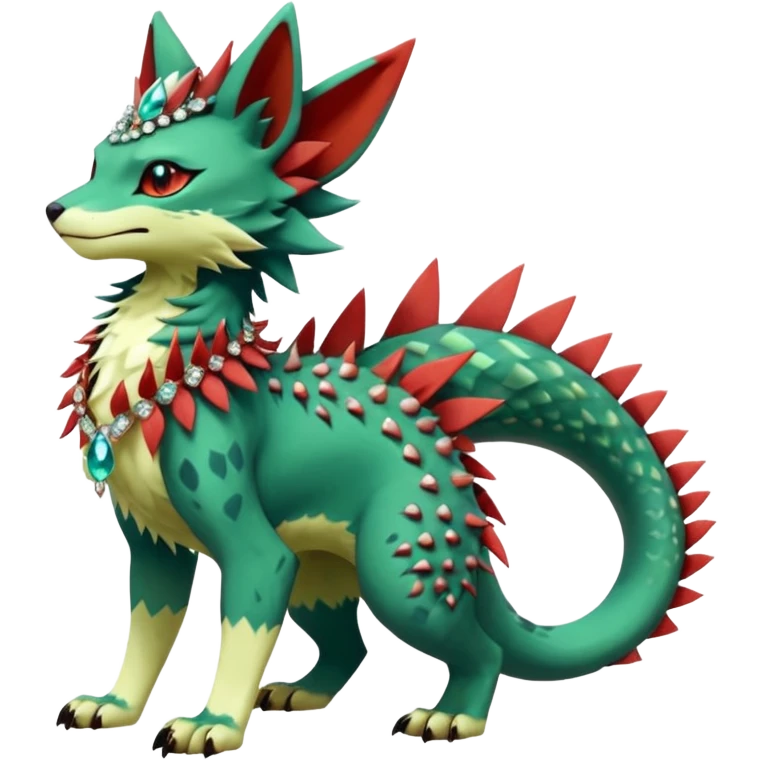 Kawaii cute greenish reddish colorful warm-colored exotic tropical beautiful pretty elegant divine edgy feline-vernid-sergal-Fakémon-Pokémon-fursona-animal-creature with accessories, jewelries, full body, with intricate detailed markings, spikes, crystals, fins, scales, spiny, feathered, headdress emoji