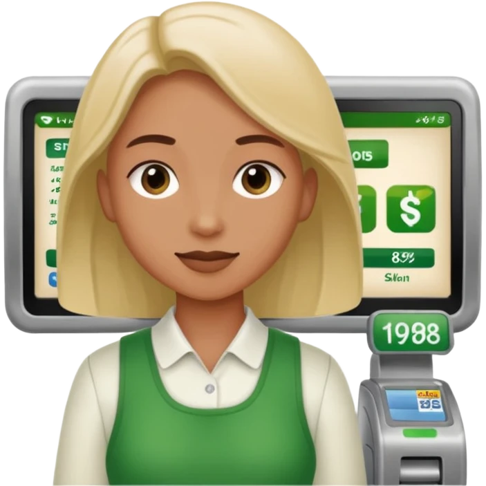 Eine Person die an der Supermarktkasse steht. Die Kasse ist gekennzeichnet als "Plauderkasse" und im grünen Design. emoji