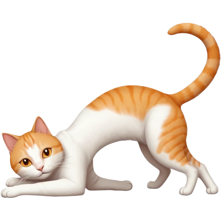 ginger and white cat with orange eyes doing a big extremely long stretch reaching up into the air with arms and legs side by side together straight and overextended whilst lying on its side emoji