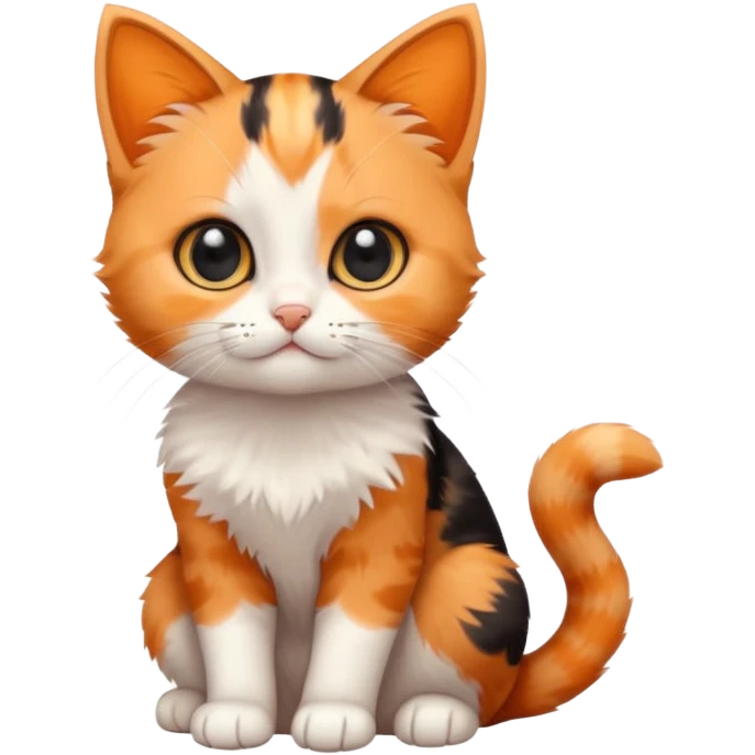 calico kitten sitting pose, simple and cute, round face, big eyes, minimal details, orange black and white calico pattern emoji