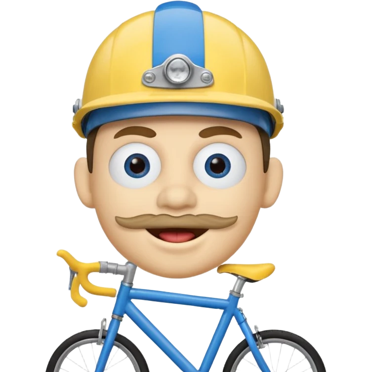 A round head puppet with 2 buck teeth a blue bike helmet and a round nose with a pencil in it also he has a unibrow and blue eyes and a yellow shirt that says jeffy emoji
