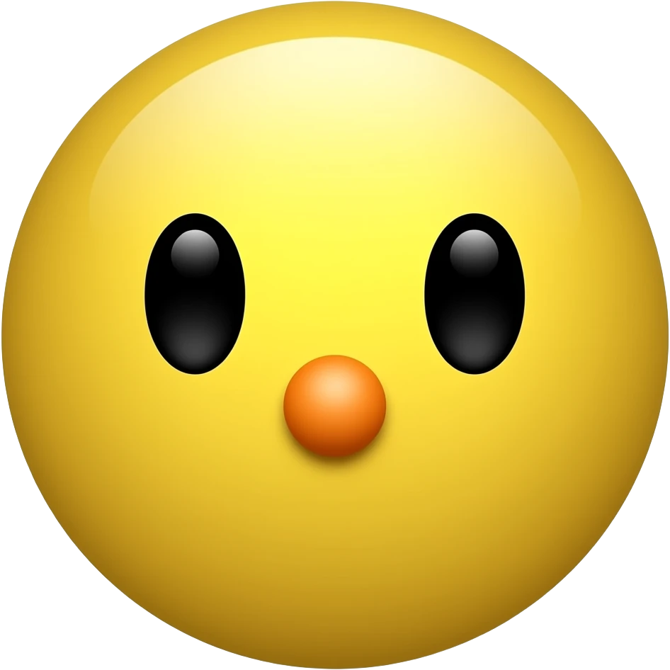 Yellow circle without a mouth with black dotted eyes with an orange nose emoji