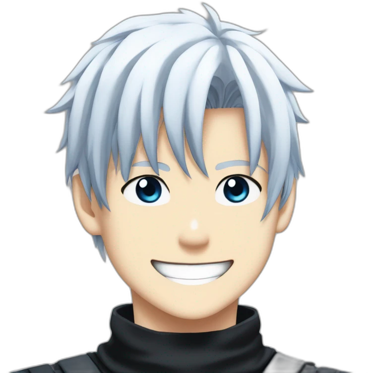 gojo satoru from jujutsu kaisen with white manga hair style, blue sky eyes and wear a black tight tshirt smiling emoji