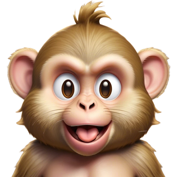 Cinematic Silly Macaque Portrait Emoji, Sporting a comically contorted face with crossed eyes and a tongue playfully sticking out, set against a backdrop of soft, detailed fur and a dynamic, agile build, Simplified yet humorously expressive features, highly detailed, glowing with a warm, jovial glow, high shine, exuberantly playful and cheeky, stylized with an air of quirky primate humor, soft glowing outline, capturing the essence of a silly macaque that appears ready to burst out of the screen with contagious laughter! emoji