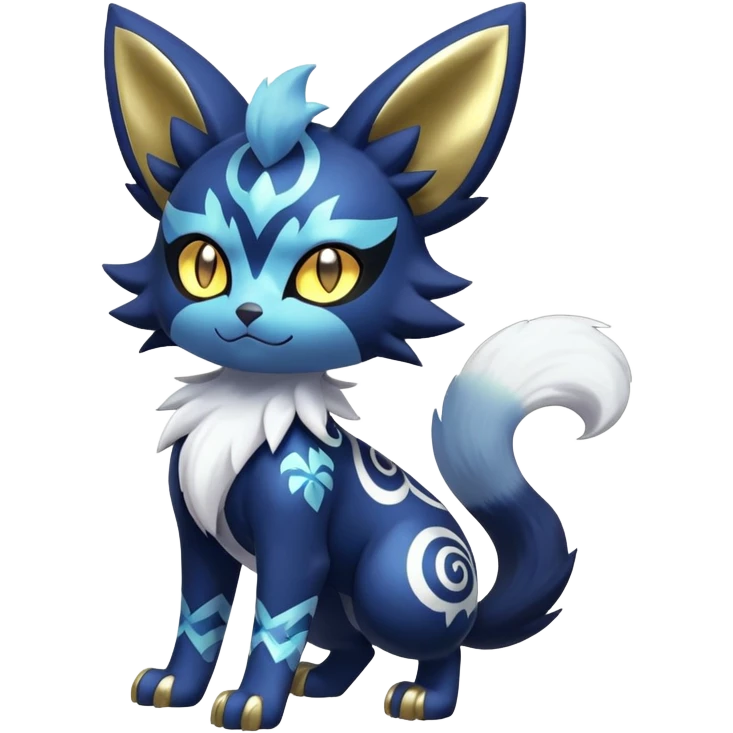 Shiny mExotic Badass Colorfulj Ethereal Royal Mysterious Gothic Meowstic-Zorua-Litten-Noibat-Pokémon-Fakémon-hybrid-creature (full body) with pattern-markings with golden eyes emoji