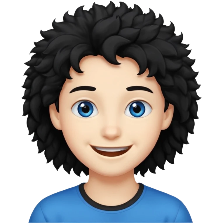 young face, blue eyes, black fluffy hair, smile emoji
