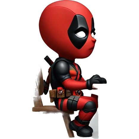 Cute Deadpool sitting at a desk, front view emoji