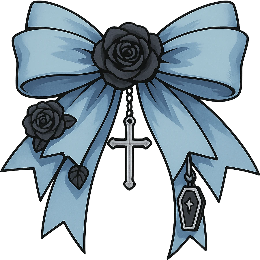 Create a pastel blue gothic bow with layered ribbons, cross pendant, black rose accents, and a tiny coffin charm. The image should have no background and be in a general style. emoji