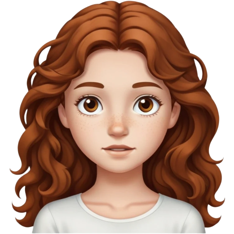 teenage girl with long wavy hair, freckles, long eyelashes, white top emoji